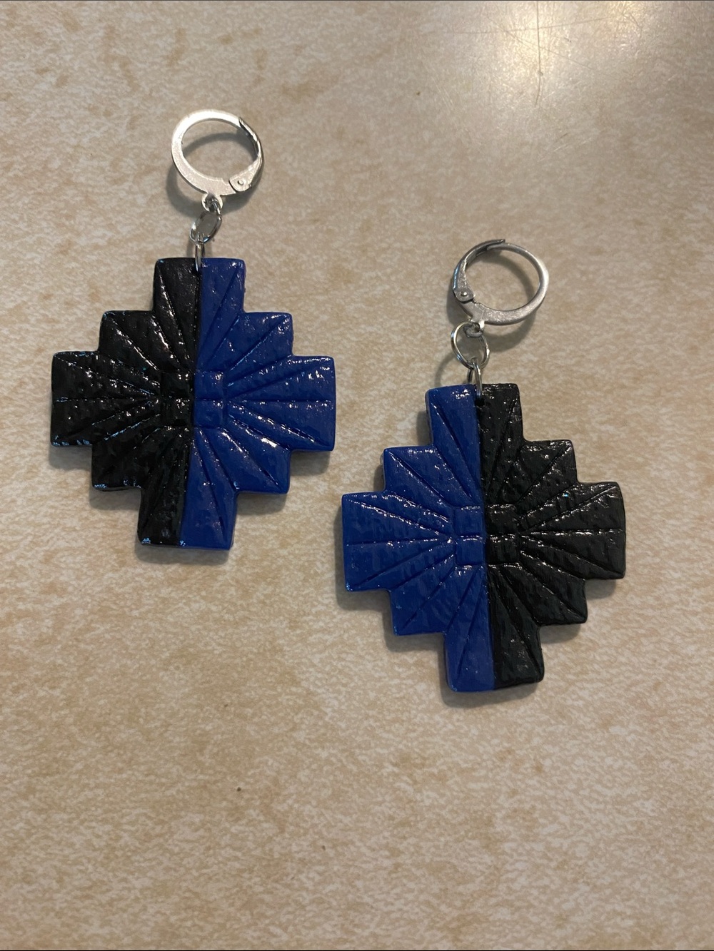 Hand Crafted Blue and Black Geometric Dangle Earrings